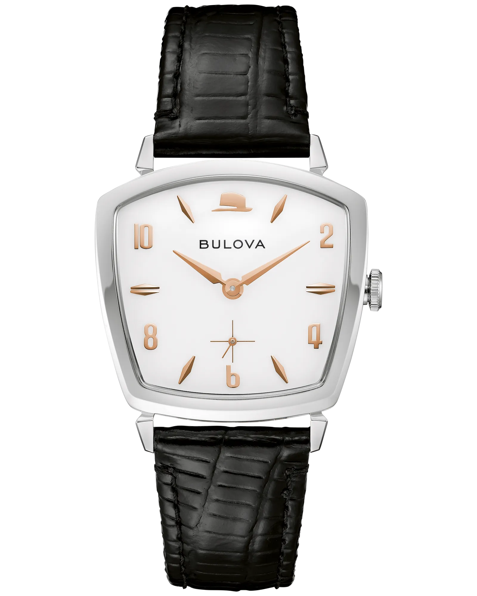 The Bulova Watch - Sinatra - 96A337 features a white square dial, gold-tone hands and numerals, a silver-tone case, and a black lizard grain strap for an elegant look.