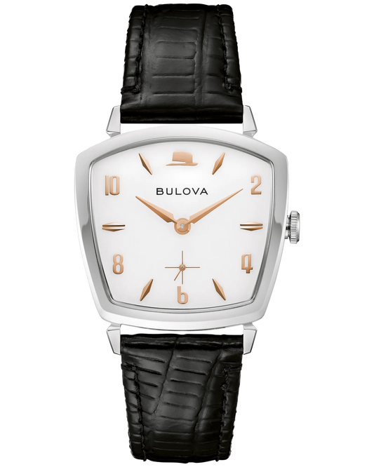The Bulova Watch - Sinatra - 96A337 features a white square dial, gold-tone hands and numerals, a silver-tone case, and a black lizard grain strap for an elegant look.