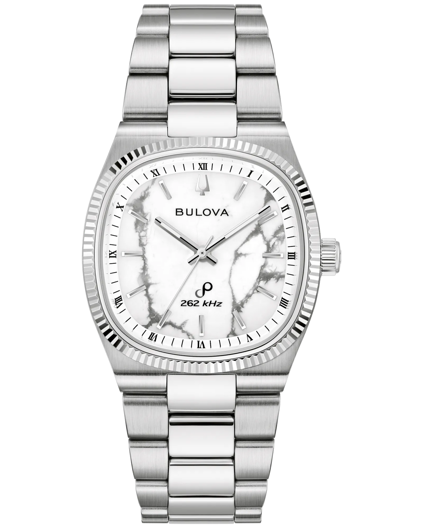 The Bulova Watch - Super Seville Magnesite - 96A344 by Bulova features a stainless steel case, a white magnesite-patterned dial with Roman numeral hour markers, and “262 kHz” text above the 6 o’clock position. Equipped with Precisionist movement for outstanding accuracy, this timepiece also boasts a metal link band and a fluted bezel.