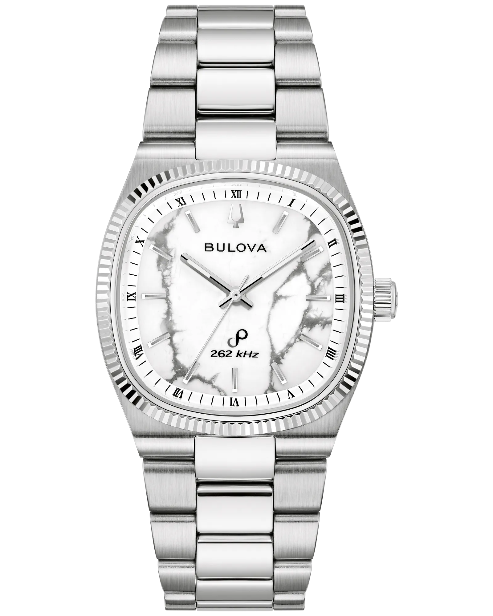 The Bulova Watch - Super Seville Magnesite - 96A344 by Bulova features a stainless steel case, a white magnesite-patterned dial with Roman numeral hour markers, and “262 kHz” text above the 6 o’clock position. Equipped with Precisionist movement for outstanding accuracy, this timepiece also boasts a metal link band and a fluted bezel.