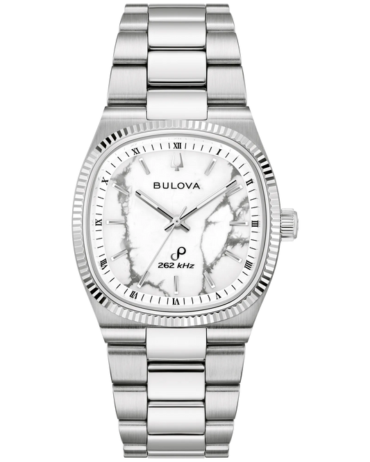 The Bulova Watch - Super Seville Magnesite - 96A344 by Bulova features a stainless steel case, a white magnesite-patterned dial with Roman numeral hour markers, and “262 kHz” text above the 6 o’clock position. Equipped with Precisionist movement for outstanding accuracy, this timepiece also boasts a metal link band and a fluted bezel.