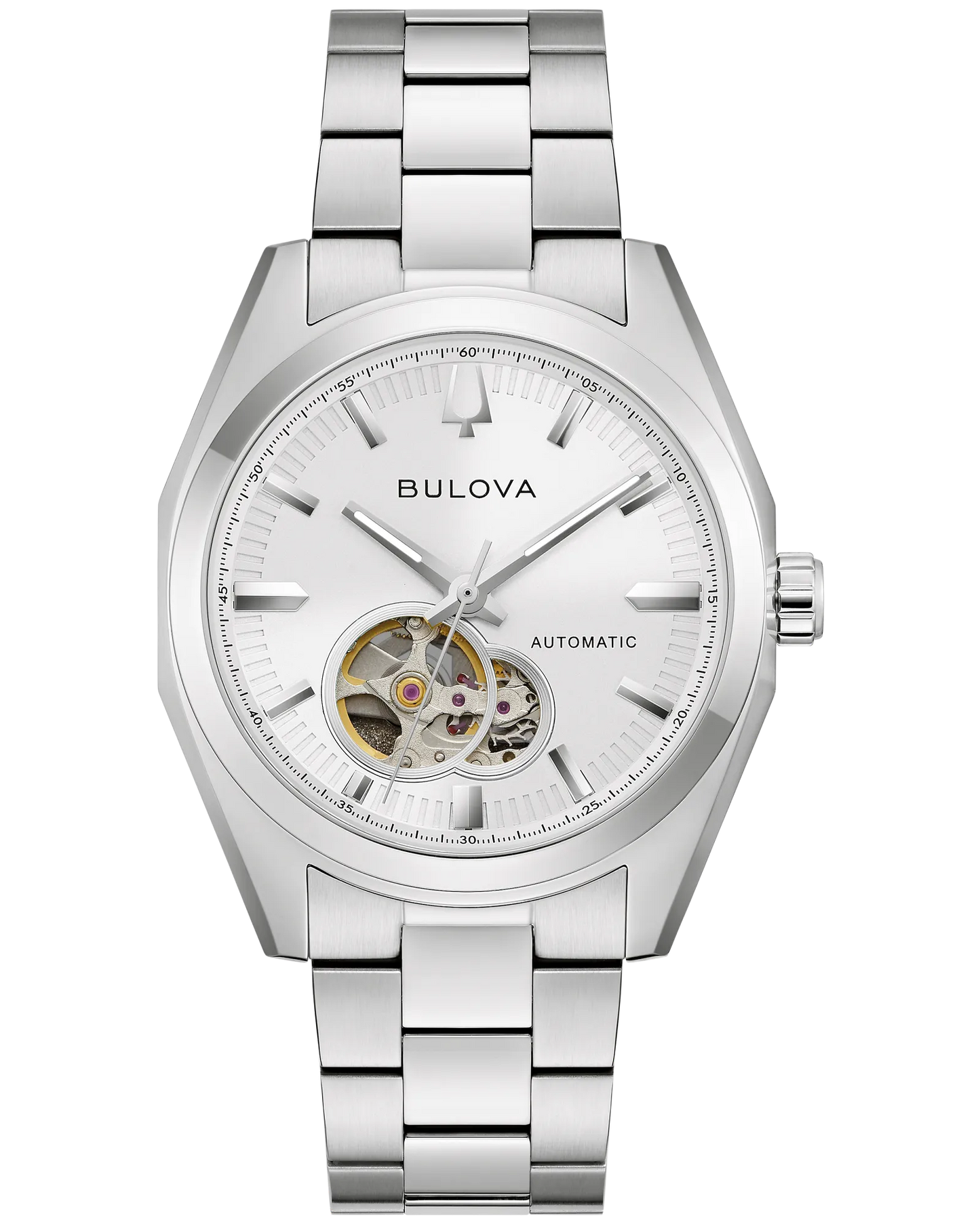 The Bulova Surveyor Automatic 96A345 men’s watch features a stainless steel band, white dial, silver hour markers, and an open heart showcasing the internal mechanism.