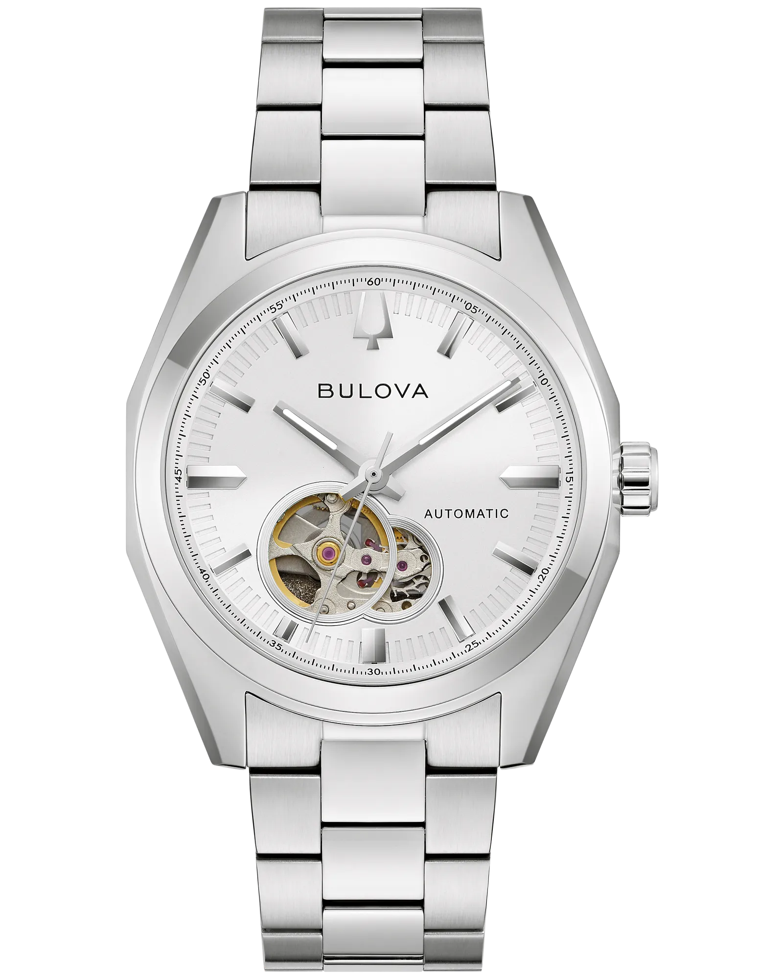 The Bulova Surveyor Automatic 96A345 men’s watch features a stainless steel band, white dial, silver hour markers, and an open heart showcasing the internal mechanism.