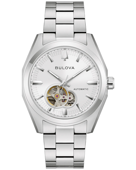 The Bulova Surveyor Automatic 96A345 men’s watch features a stainless steel band, white dial, silver hour markers, and an open heart showcasing the internal mechanism.