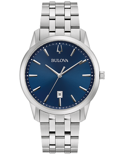 The Bulova Watch - Sutton - 96B338 features a blue dial, silver markers and hands, a date window at 6 o’clock, and a stainless steel link band, shown against a white background.