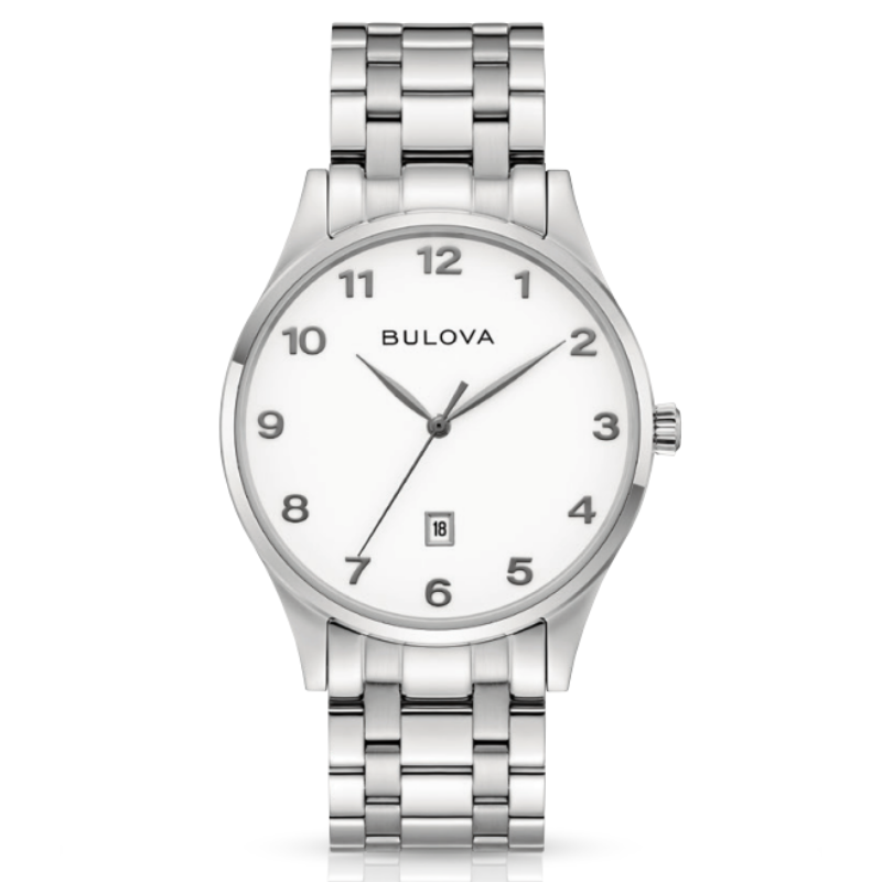 The Bulova Watch - Stainless Steel Easy Reader (96B480) features a white face, stainless steel link band, silver hour markers, and a date window above 6 o’clock in a simple, elegant design.