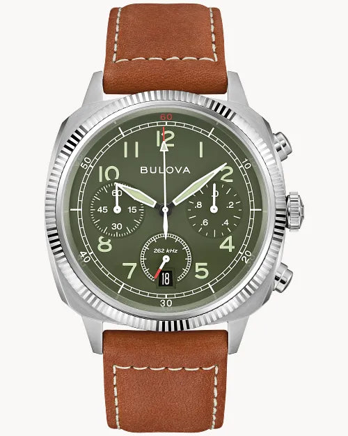 The Bulova Military VWI Special Edition 96B482 features a green dial, silver case, brown leather strap with white stitching, white Arabic numerals, three subdials, and two pushers.