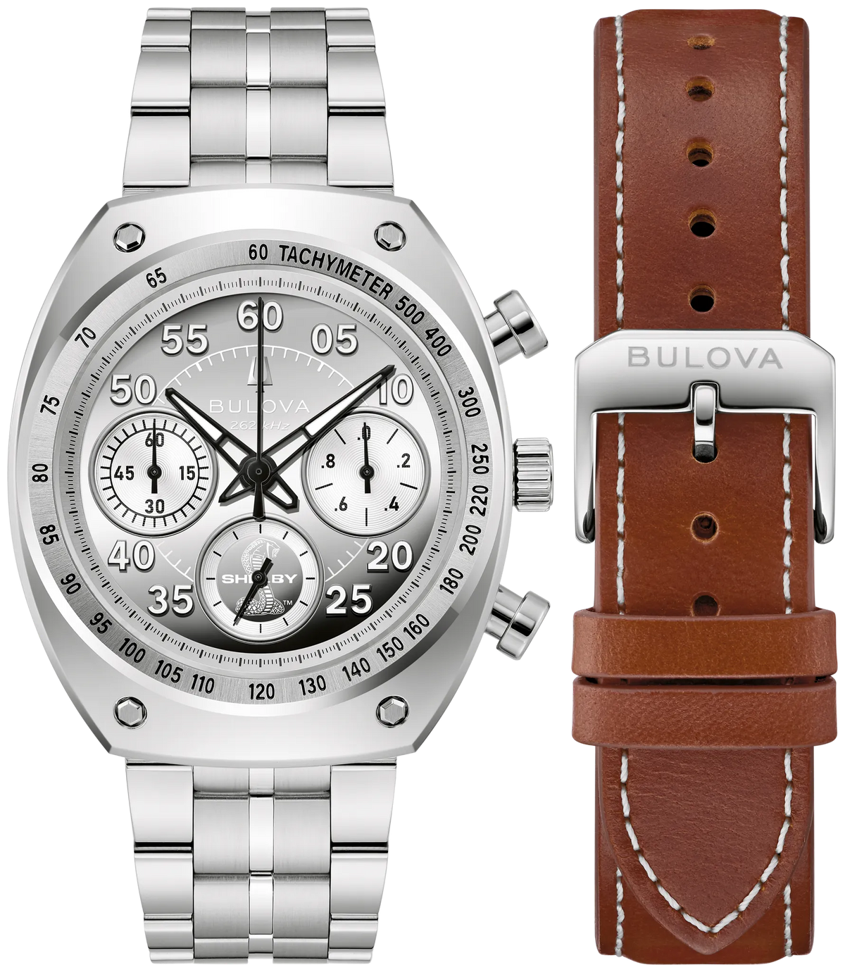 Bulova SHELBY® Racer Chronograph 96K118 with a silver dial, metal link bracelet, and an additional brown leather strap.