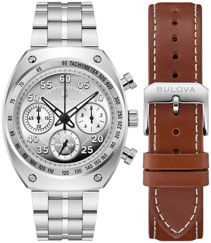 Bulova SHELBY® Racer Chronograph 96K118 with a silver dial, metal link bracelet, and an additional brown leather strap.