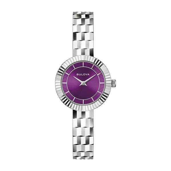 The Bulova Watch - Disco Purple Dial - 96L363 features a textured stainless steel band and a round, purple dial. This Bulova watch is designed with sleek silver hour and minute hands, while the dial remains free of numbers or markers for an elegant, minimalist appearance.