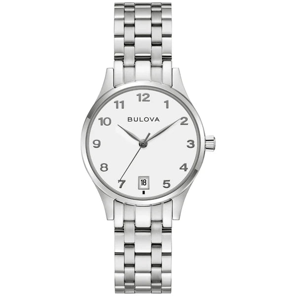The Bulova Watch - Stainless Steel Easy Reader (96M175) features a white face, stainless steel link band, silver markers and hands, a date display above 6 o’clock, and shows the time as 10:10.