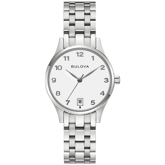 The Bulova Watch - Stainless Steel Easy Reader (96M175) features a white face, stainless steel link band, silver markers and hands, a date display above 6 o’clock, and shows the time as 10:10.