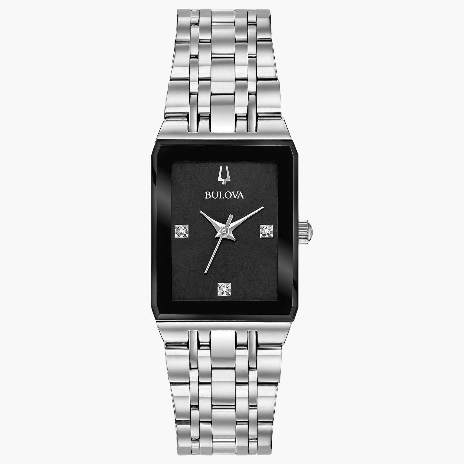 The Bulova Quadra 96P202 is a modern women’s watch with a silver metal link bracelet, rectangular black dial, diamond markers at 3, 6, 9, and 12 o’clock, and sleek silver hands—a blend of elegance and style.