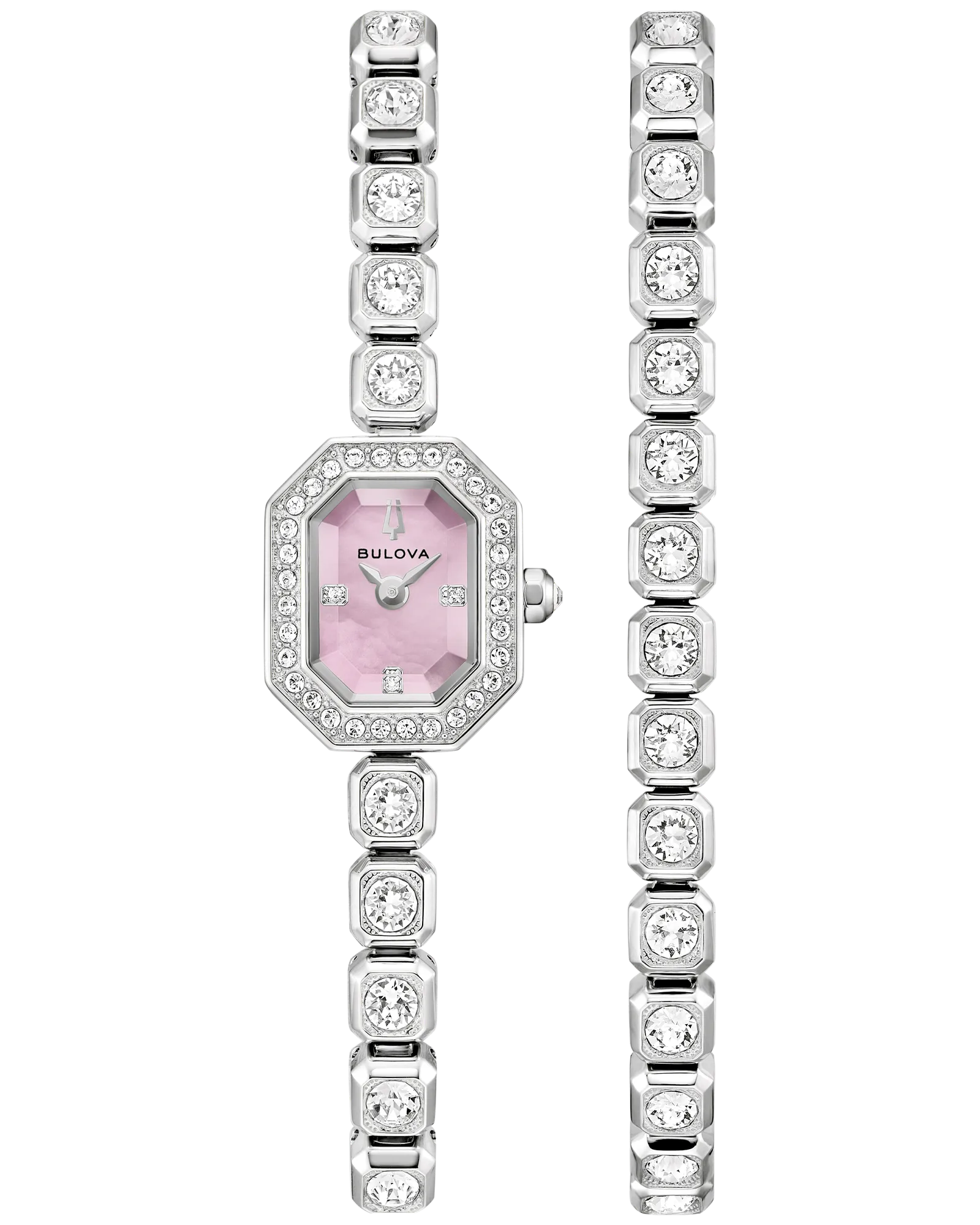 A Bulova Watch - Crystal Set - 96X168, featuring a silver-tone women’s watch with a pink mother-of-pearl dial and sparkling Austrian crystals, is displayed next to a coordinating crystal-accented bracelet on a white background.