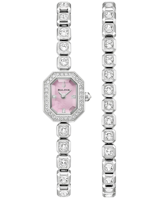 A Bulova Watch - Crystal Set - 96X168, featuring a silver-tone women’s watch with a pink mother-of-pearl dial and sparkling Austrian crystals, is displayed next to a coordinating crystal-accented bracelet on a white background.