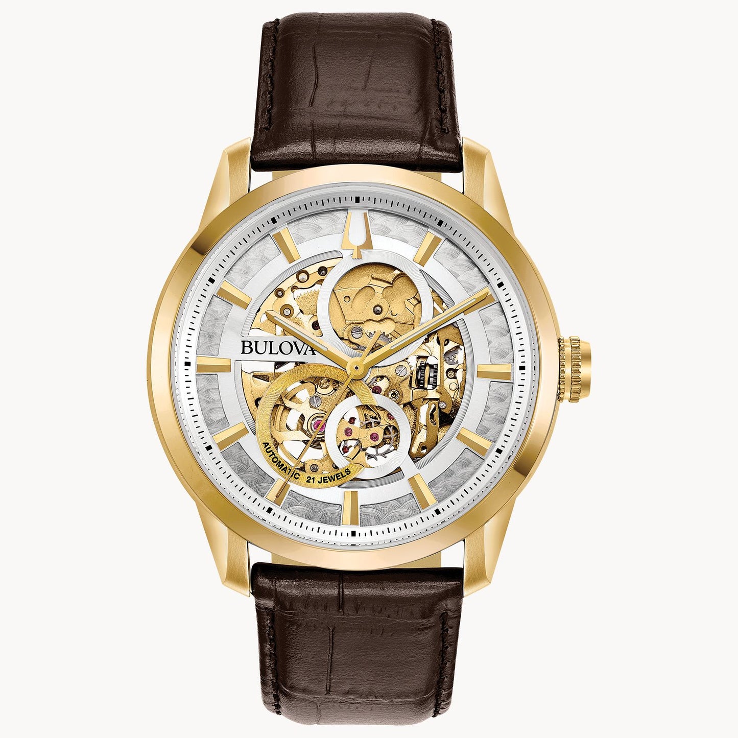 The Bulova Sutton 97A138 is a gold-tone skeleton watch with automatic movement, brown leather strap, see-through dial showing exposed gears, and gold hour markers set on a white ring.