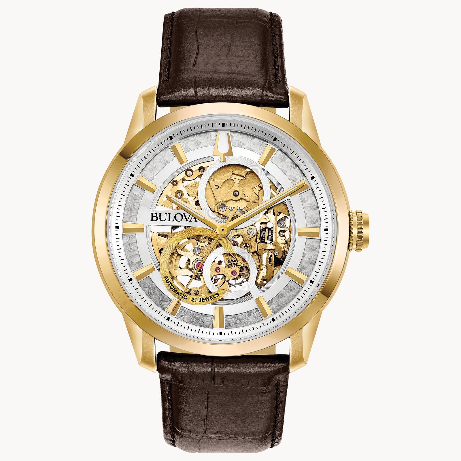 The Bulova Sutton 97A138 is a gold-tone skeleton watch with automatic movement, brown leather strap, see-through dial showing exposed gears, and gold hour markers set on a white ring.