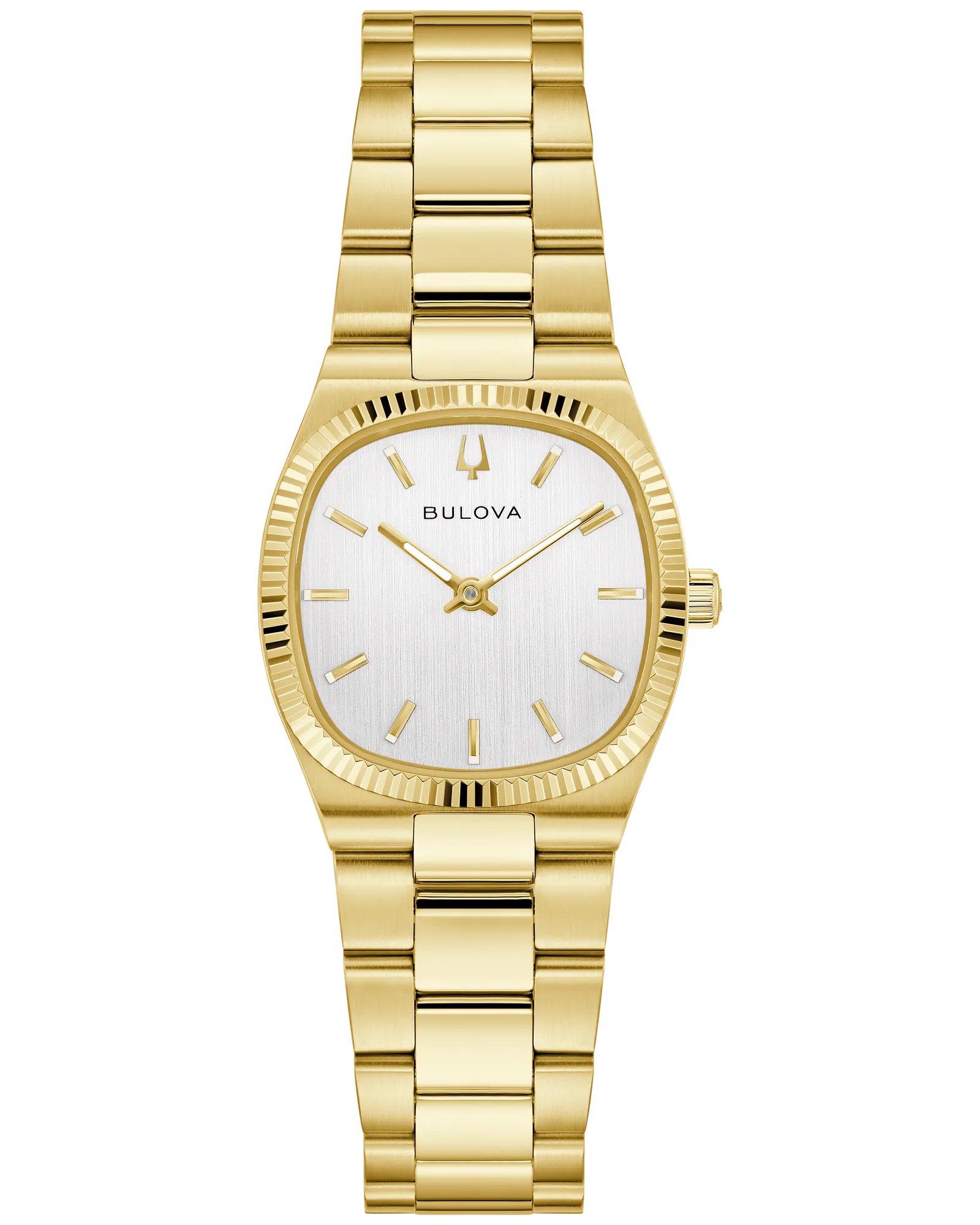 The Bulova Watch - Super Seville Mini 97L189 features a gold-tone rectangular case, silver-tone dial, gold markers and hands, and a stainless steel bracelet, shown on a white background.