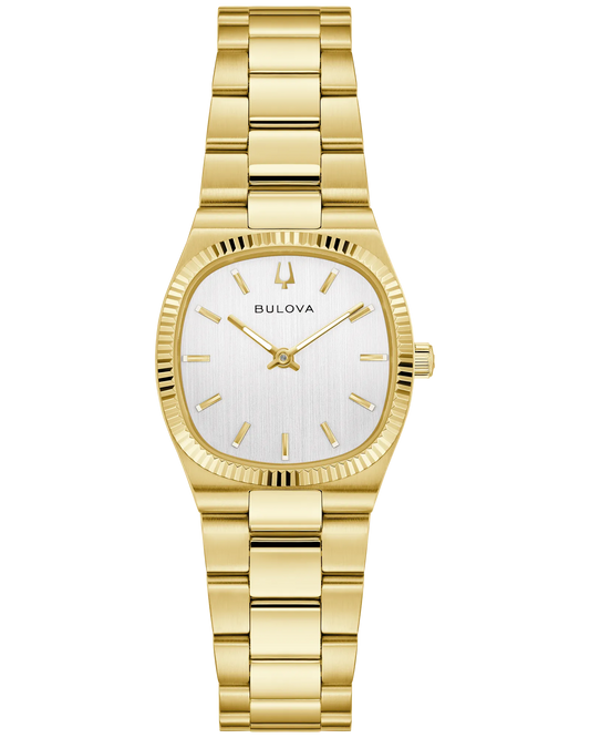 The Bulova Watch - Super Seville Mini 97L189 features a gold-tone rectangular case, silver-tone dial, gold markers and hands, and a stainless steel bracelet, shown on a white background.