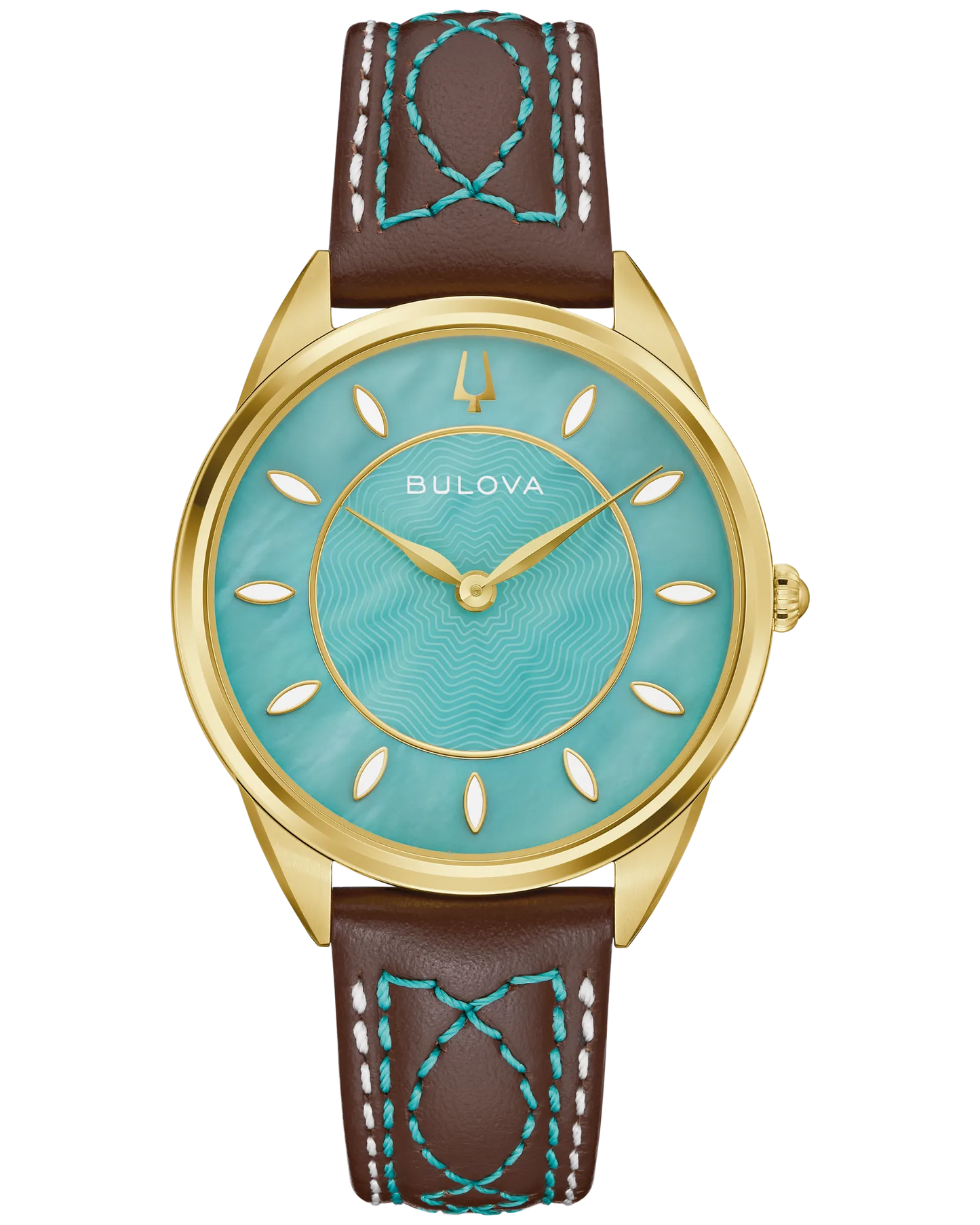 The Bulova Watch - Sutton Western - 97L203 features a gold case, turquoise face with gold hour markers, and a brown leather strap with decorative turquoise stitching for classic Western style. "Bulova" is printed on the watch face.