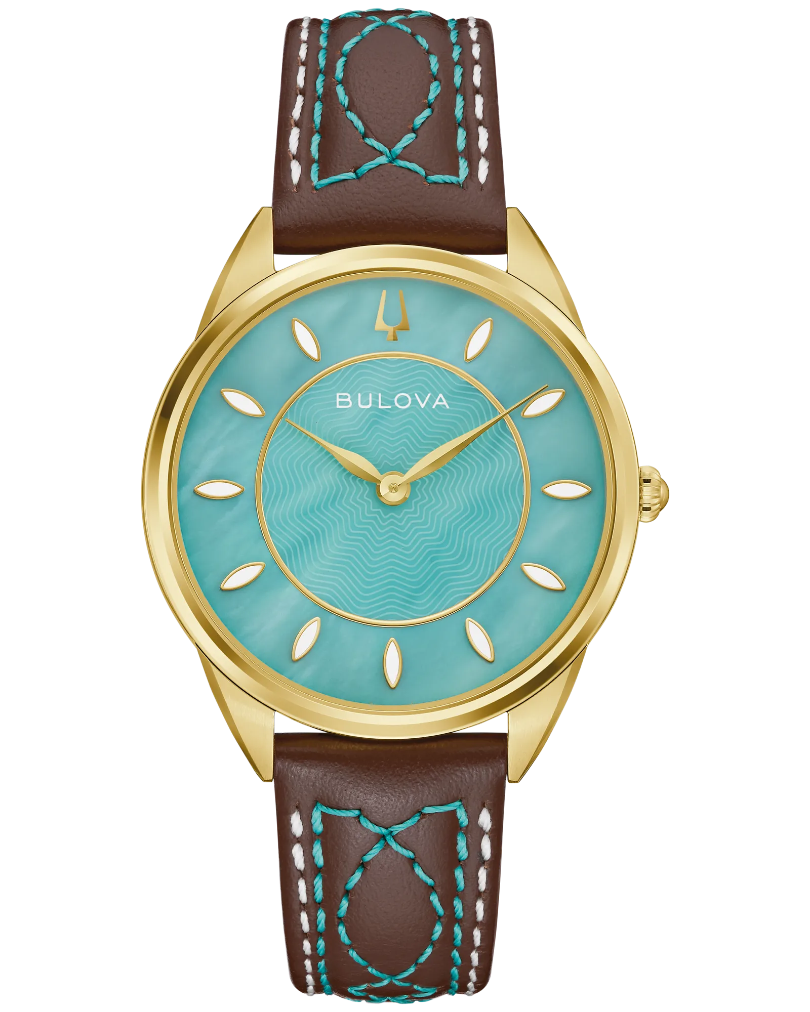 The Bulova Watch - Sutton Western - 97L203 features a gold case, turquoise face with gold hour markers, and a brown leather strap with decorative turquoise stitching for classic Western style. "Bulova" is printed on the watch face.