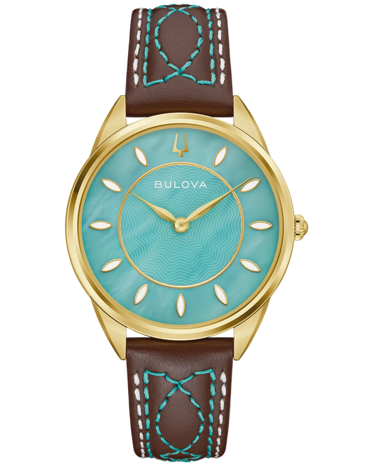 The Bulova Sutton Western Ladies' Watch (97L203) features a gold-tone case, turquoise mother-of-pearl dial with teardrop hour markers, and a brown leather strap with decorative turquoise stitching.