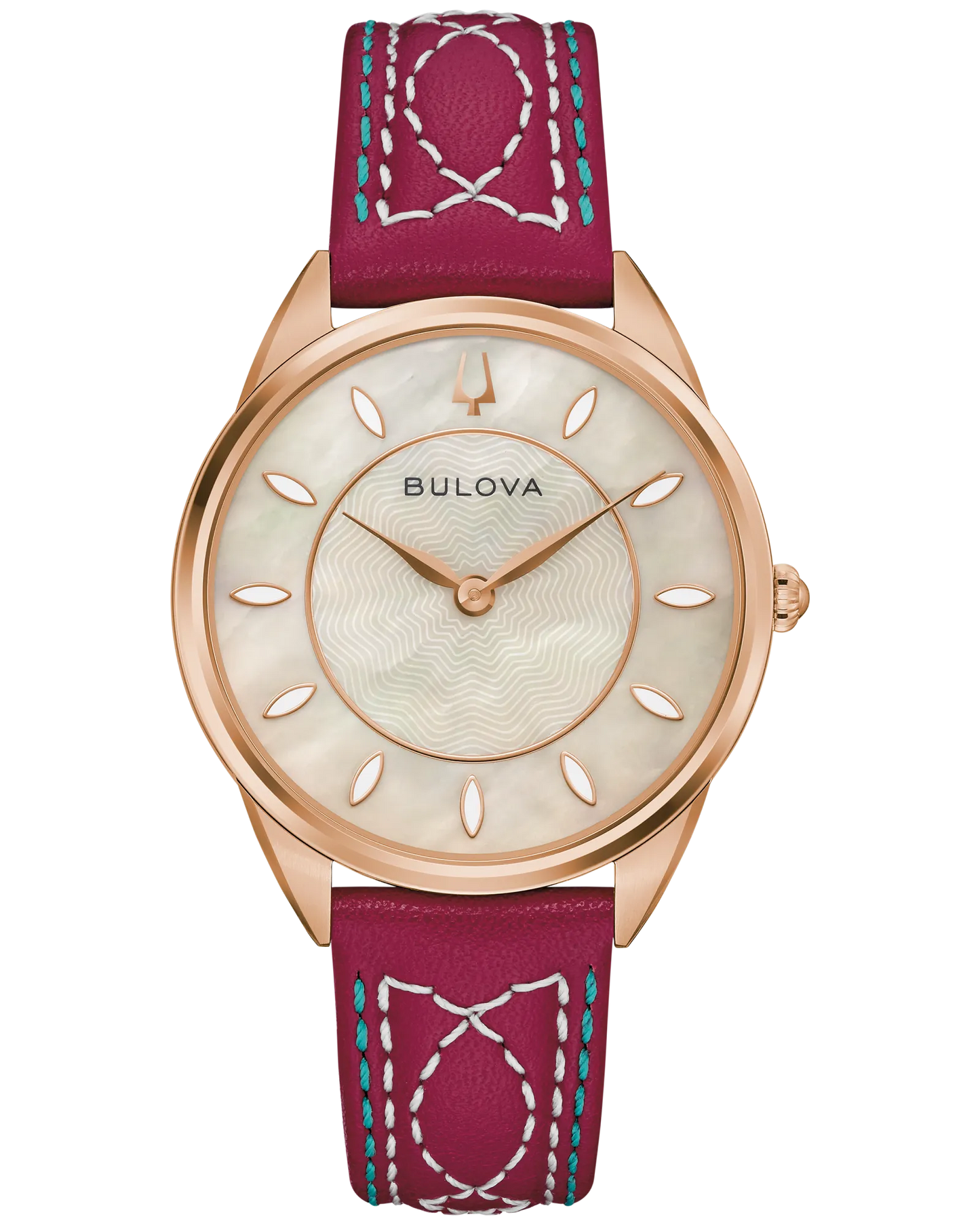 The Bulova Sutton Western 97L204 is a women’s watch in rose gold with a mother-of-pearl dial, teardrop hour markers, and a maroon leather strap accented by white and turquoise stitching.