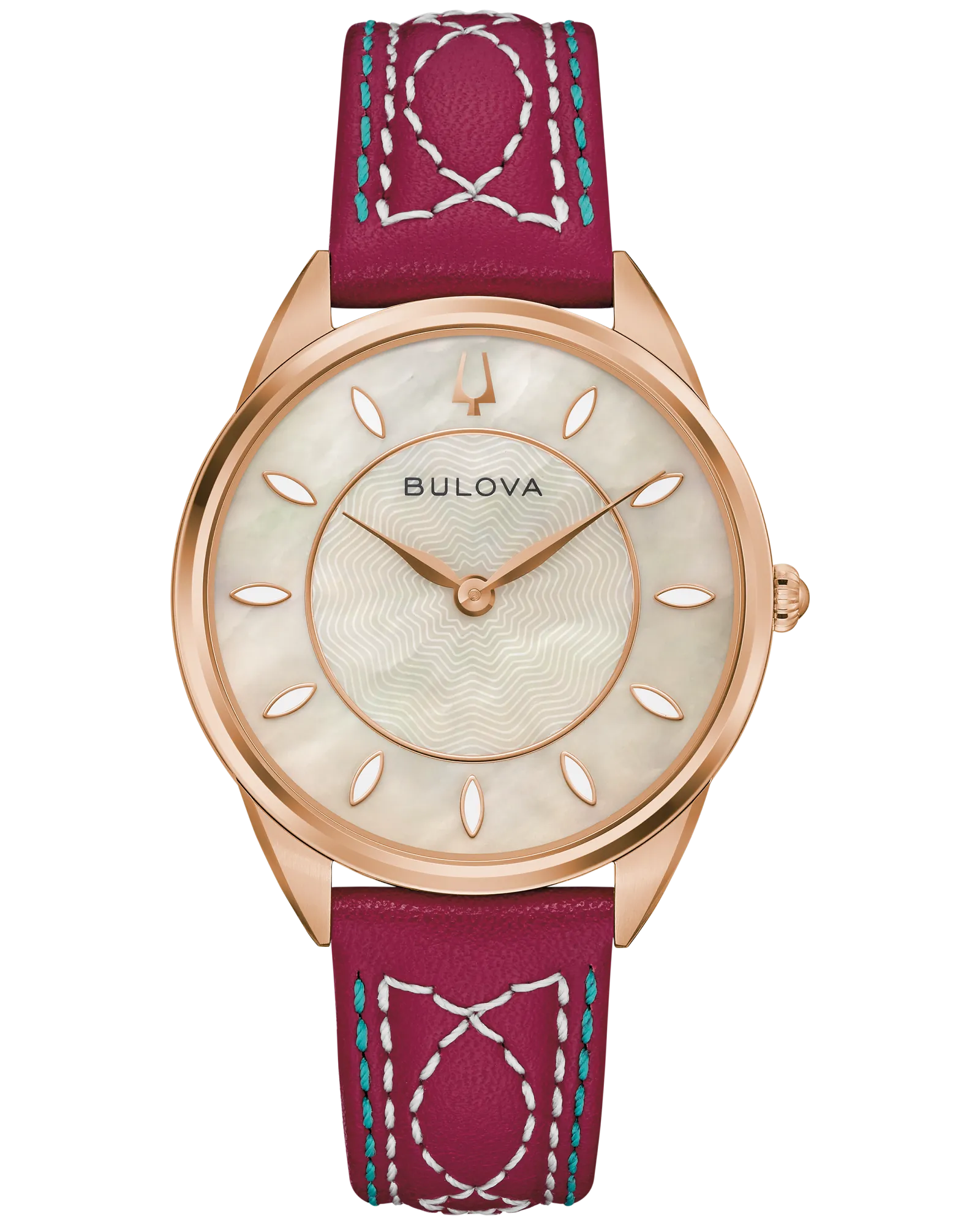 The Bulova Sutton Western 97L204 is a women’s watch in rose gold with a mother-of-pearl dial, teardrop hour markers, and a maroon leather strap accented by white and turquoise stitching.
