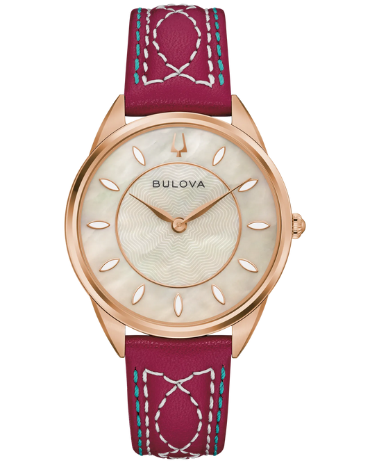 The Bulova Ladies' Sutton Western 97L204 watch features a rose gold-tone case, white mother-of-pearl dial, gold markers, and a maroon leather strap with white and teal stitching.