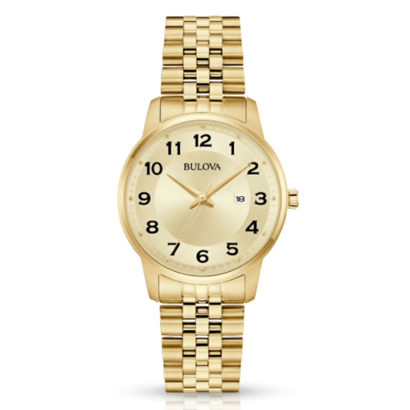 The Bulova Watch - Ladies' Gold Tone Easy Reader (97M121) features a round face with black Arabic numerals, a date window at 3 o’clock, gold hands and markers, and a gold metal link bracelet.