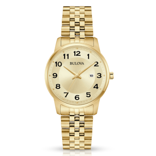 The Bulova Watch - Ladies' Gold Tone Easy Reader (97M121) features a round face with black Arabic numerals, a date window at 3 o’clock, gold hands and markers, and a gold metal link bracelet.