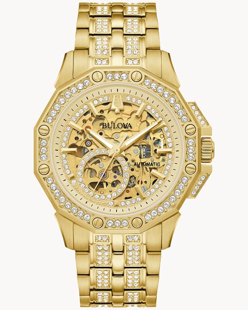 The Bulova Watch - Octava - 98A292 features a gold-tone finish, skeleton dial, diamond accents on bezel and band, visible inner mechanics, automatic movement, and an elegant design from Bulova’s Crystal Collection.