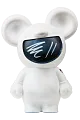 A white vinyl figure with mouse-like features and a glossy dark face shield marked by white abstract lines, inspired by the sleek style of the Bulova Lunar Pilot Timascus 98A329 chronograph, stands upright with no visible mouth or nose.