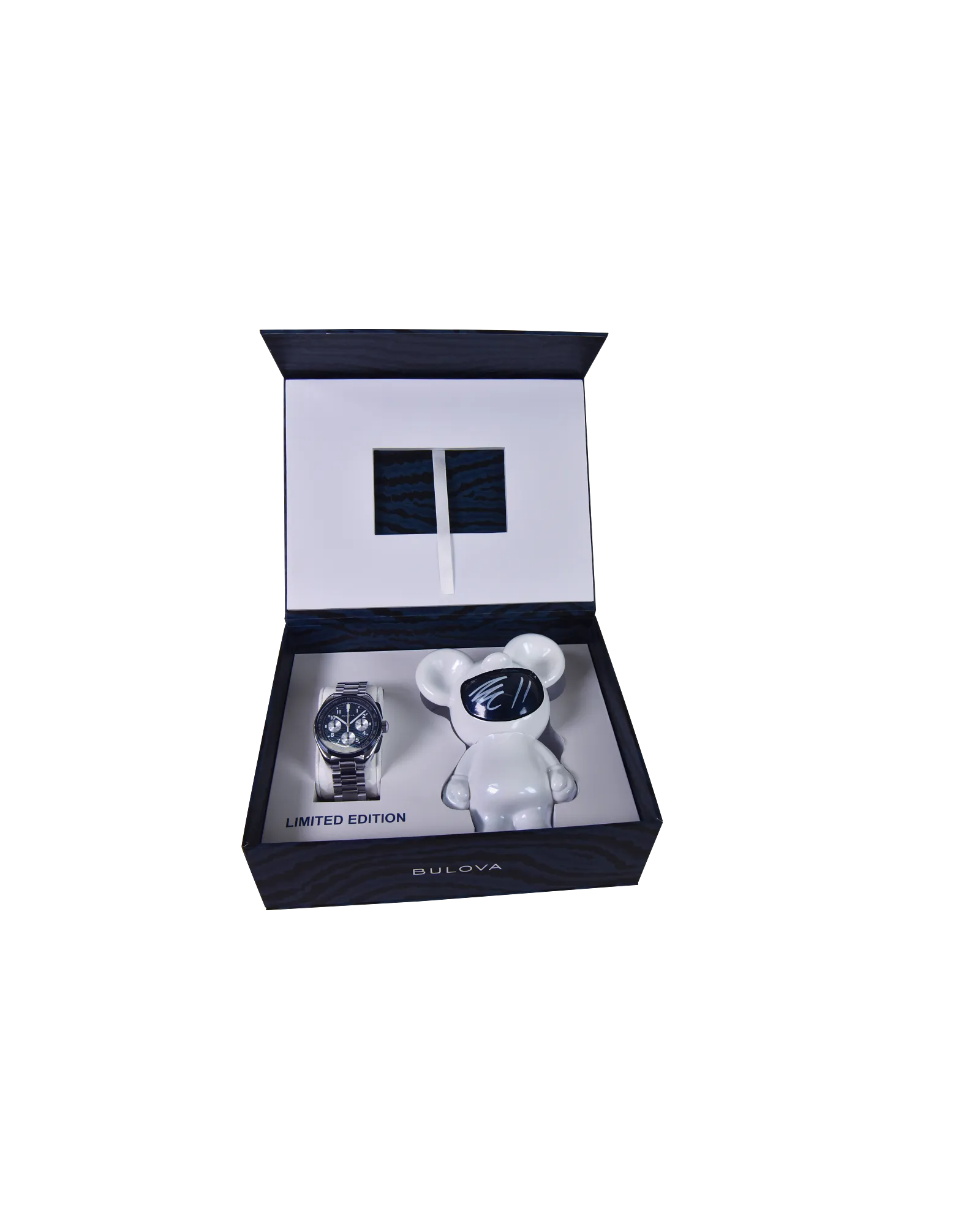 The Bulova Lunar Pilot Timascus 98A329 limited-edition chronograph gift set includes a wristwatch and a white bear figurine, both showcased in an open box with “LIMITED EDITION” displayed inside.