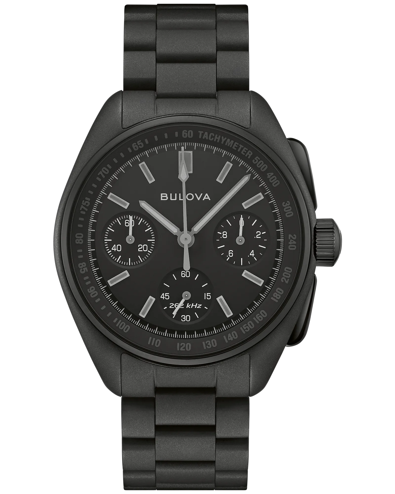A Bulova Lunar Pilot Black Hole Limited Edition (98A335) chronograph watch with a matte black metal band, high-precision quartz movement, three subdials, and white markers on the bezel and face, displayed from above on a plain white background.