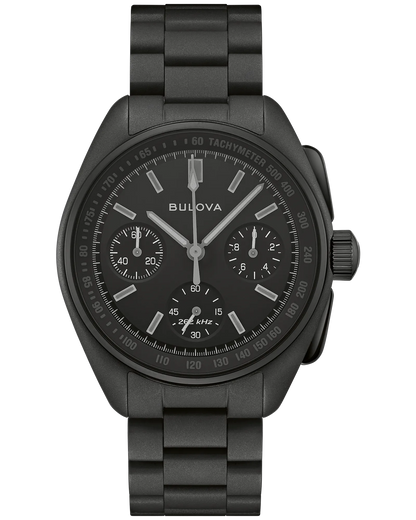 A Bulova Lunar Pilot Black Hole Limited Edition (98A335) chronograph watch with a matte black metal band, high-precision quartz movement, three subdials, and white markers on the bezel and face, displayed from above on a plain white background.