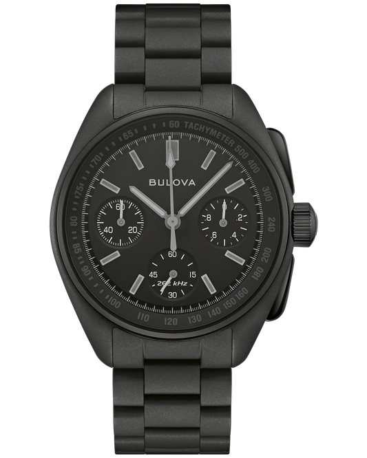 A Bulova Lunar Pilot Black Hole Limited Edition (98A335) chronograph watch with a matte black metal band, high-precision quartz movement, three subdials, and white markers on the bezel and face, displayed from above on a plain white background.