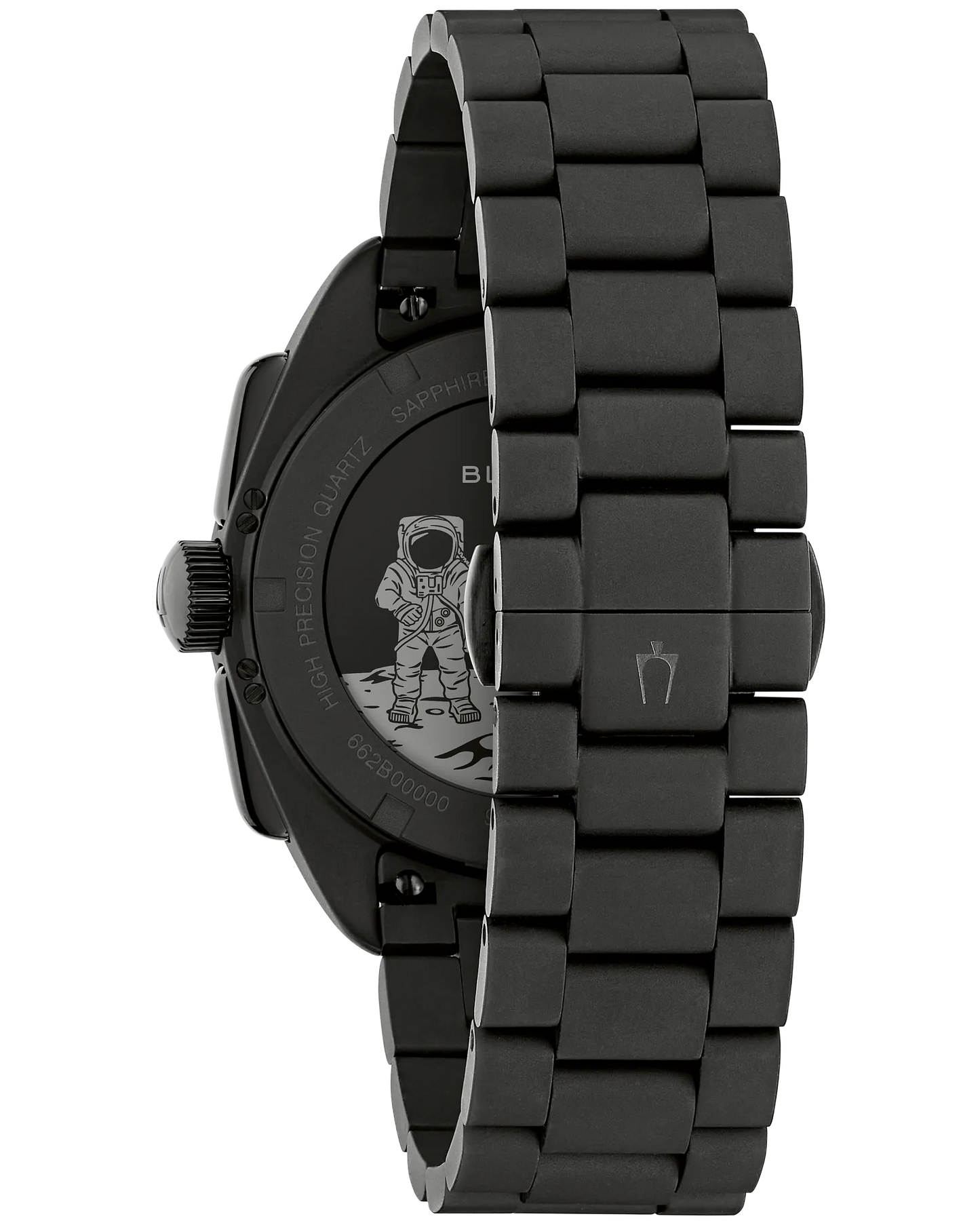 Bulova Lunar Pilot Black Hole Limited Edition (98A335) wristwatch with a matte black finish and metal band, presented from the back. The engraved case back showcases an astronaut motif, emphasizing its exclusive Black Hole Limited Edition status, while the clasp features Bulova’s signature crown logo. This timepiece offers high precision quartz movement and a distinctive knurled crown.