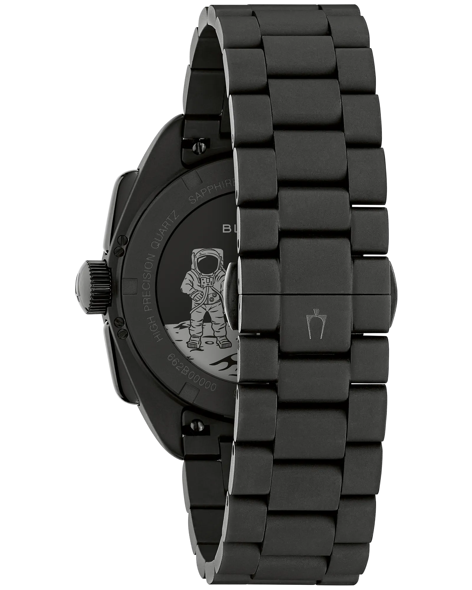 Bulova Lunar Pilot Black Hole Limited Edition (98A335) wristwatch with a matte black finish and metal band, presented from the back. The engraved case back showcases an astronaut motif, emphasizing its exclusive Black Hole Limited Edition status, while the clasp features Bulova’s signature crown logo. This timepiece offers high precision quartz movement and a distinctive knurled crown.