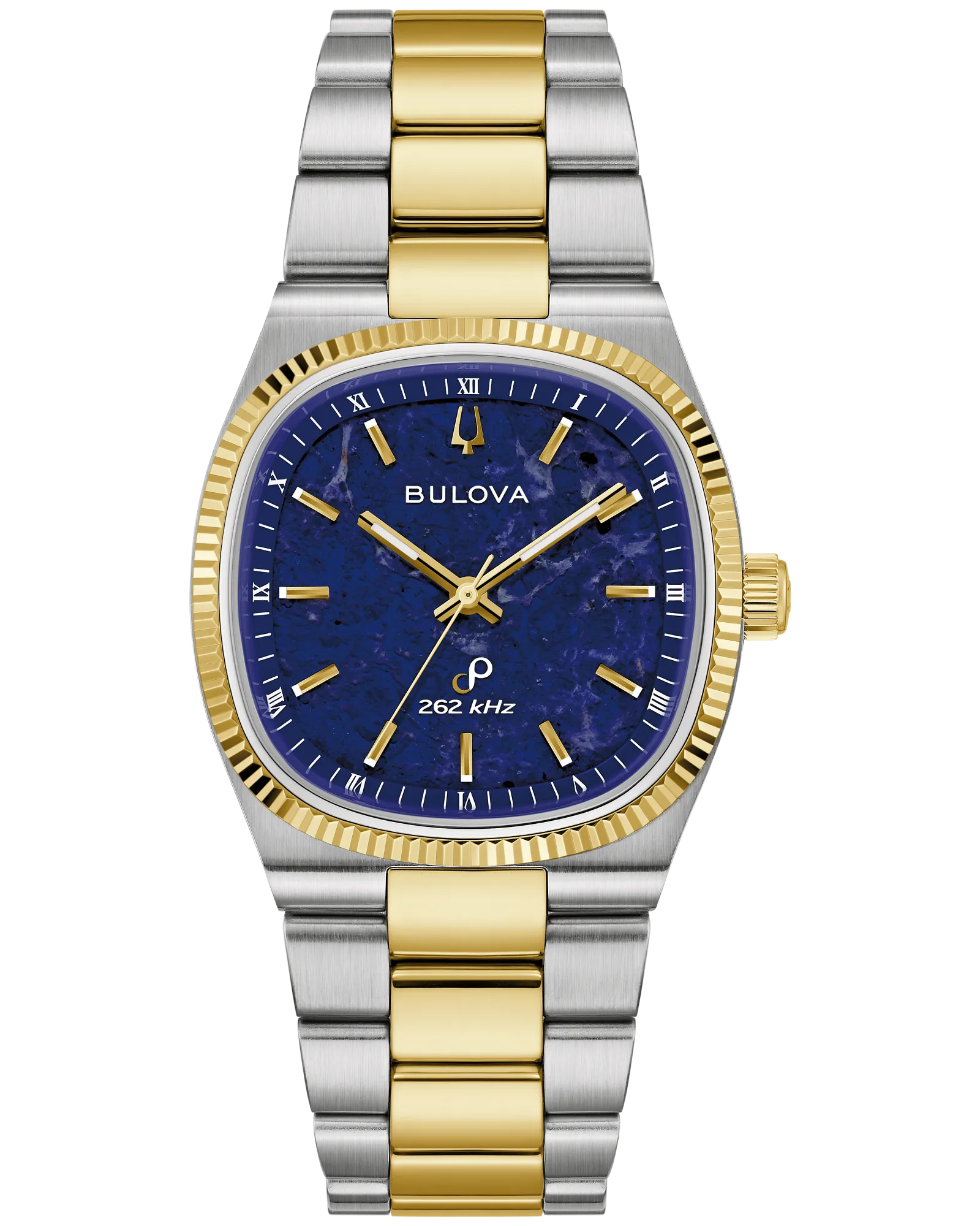 The Time Square Clock Shop Bulova Watch - Super Seville Sodalite 98A337 features a blue sodalite dial, gold Roman numerals and hands, silver and gold metal band, gold bezel and crown, plus 262 kHz above 6 o'clock.