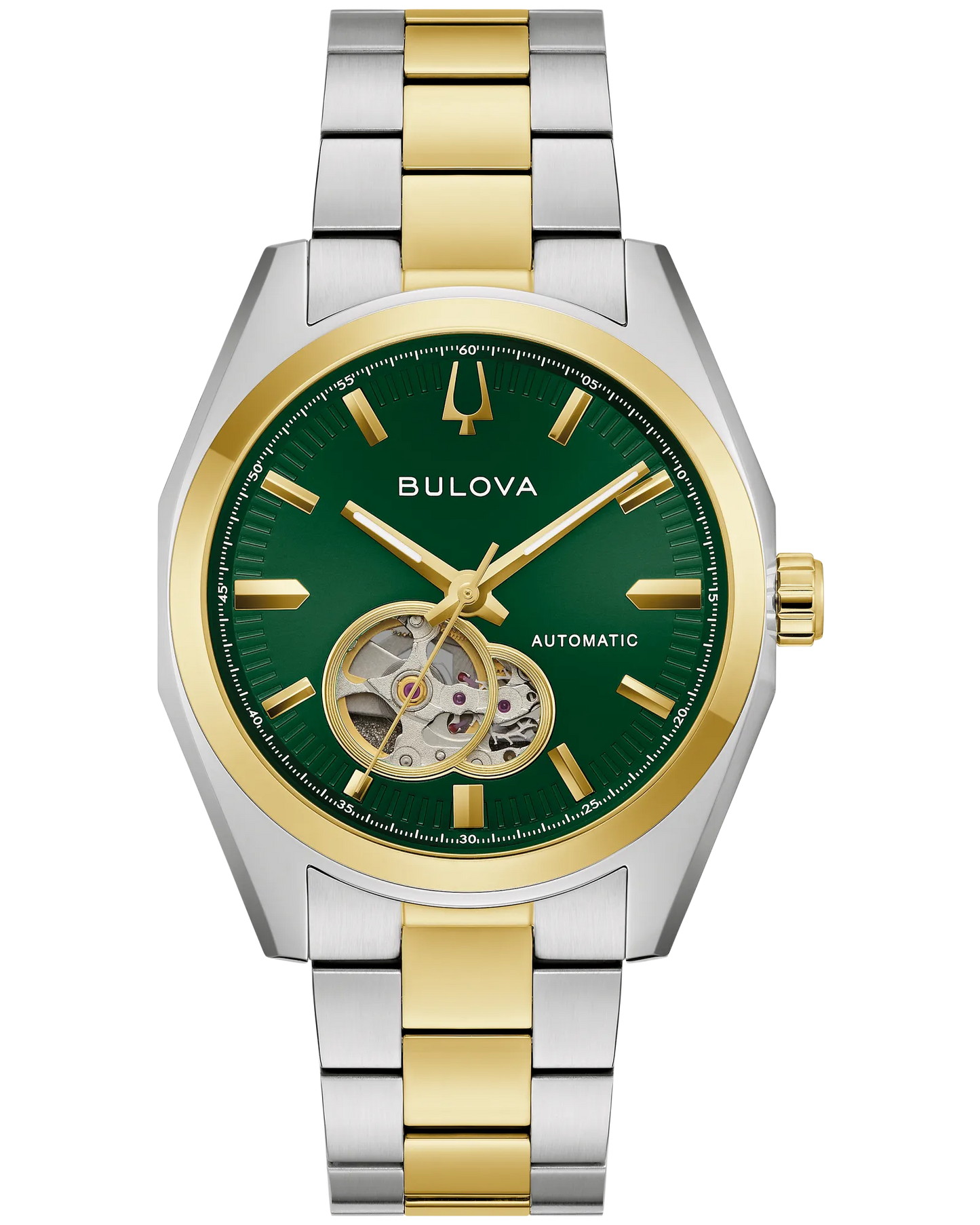 The Bulova Watch - Surveyor Automatic - 98A338 is a men’s automatic watch with a two-tone stainless steel band, a green dial with gold hour markers, and an open heart window at the 8 o’clock position.