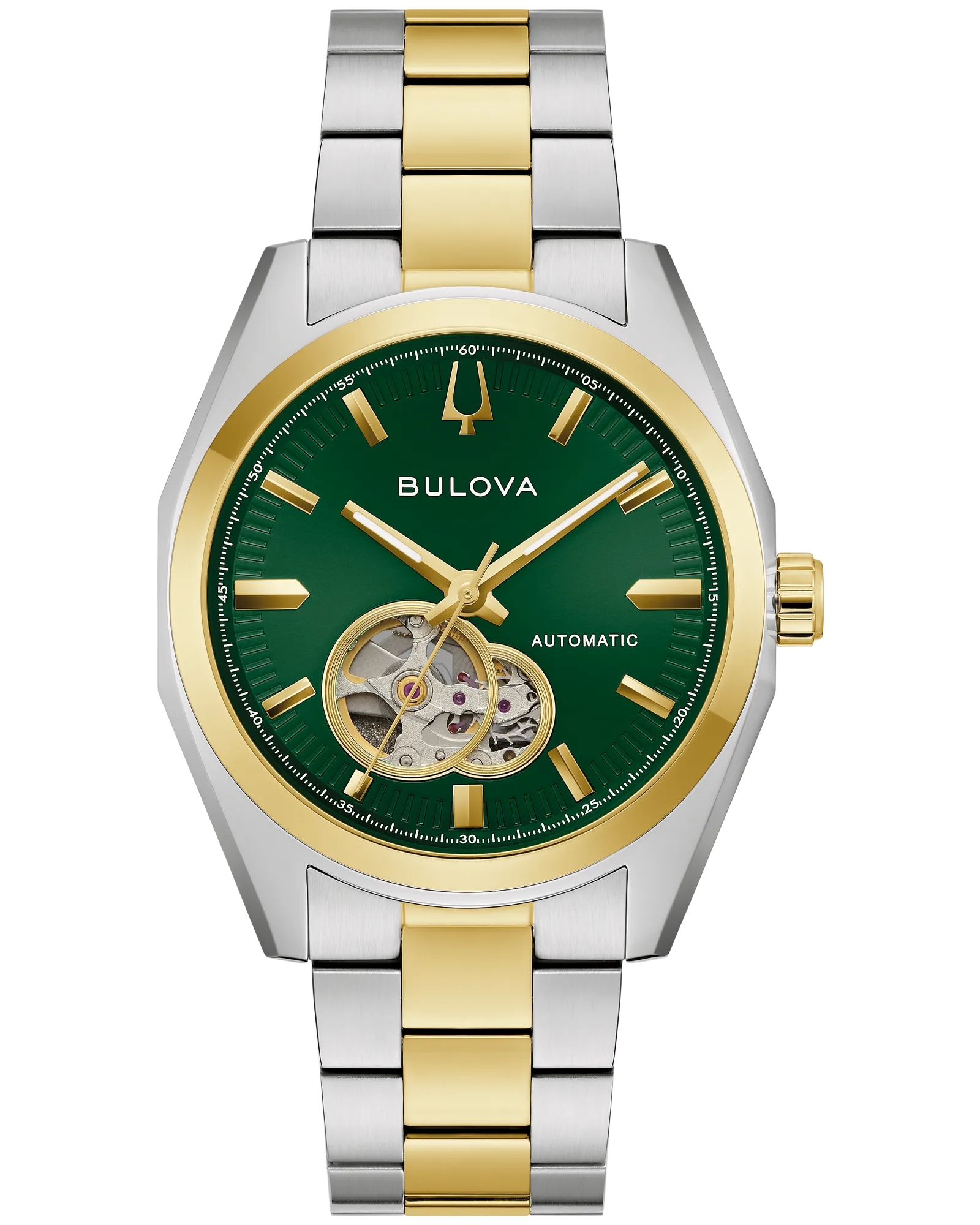 The Bulova Watch - Surveyor Automatic - 98A338 is a men’s automatic watch with a two-tone stainless steel band, a green dial with gold hour markers, and an open heart window at the 8 o’clock position.