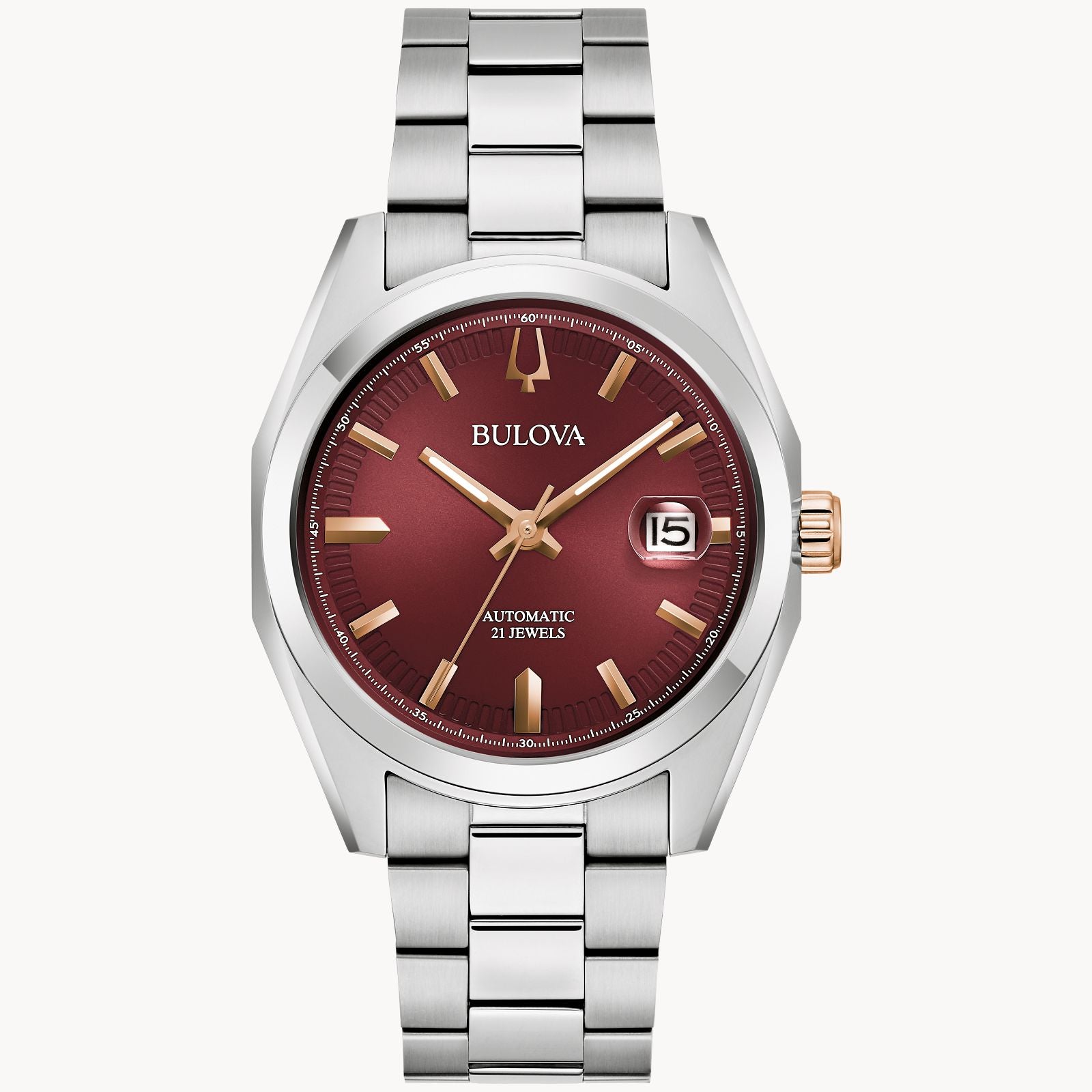 The Bulova Surveyor 98B422 men’s watch features a burgundy dial, gold-tone markers and hands, date window at 3 o’clock, gold-accented crown, stainless steel bracelet, and “Automatic 21 Jewels” on the face.