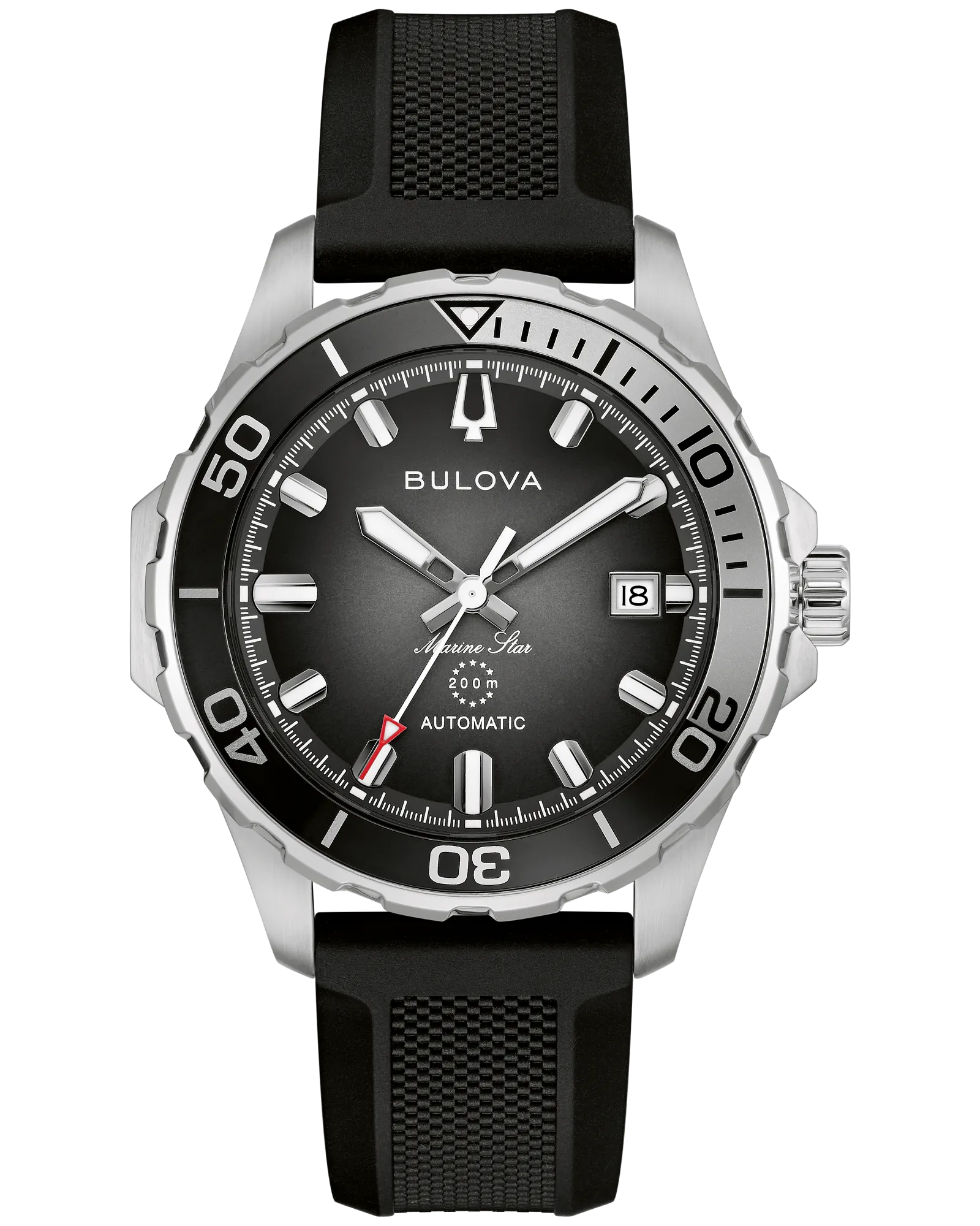The Bulova Marine Star Series B 98B465 men’s dive watch features a black dial, silver markers, date at 3 o’clock, black rotating bezel with white numerals, and a textured black rubber strap with automatic movement.