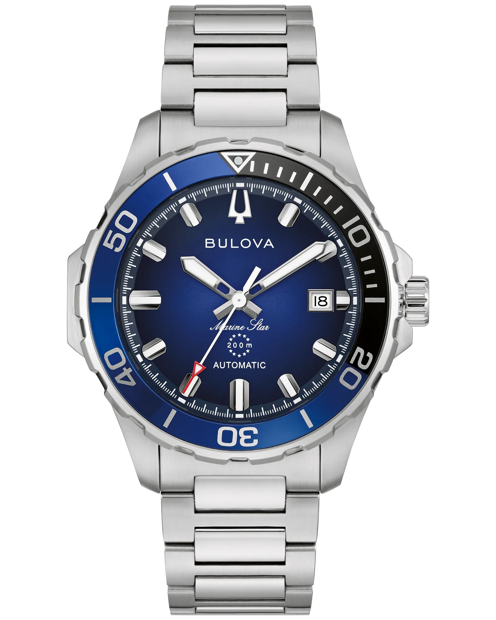 The Bulova Marine Star 98B466 men’s watch features a stainless steel case, blue/black bezel, blue gradient dial with silver markers, automatic movement, date at 3 o’clock, luminous hands and markers, on a silver metal bracelet.