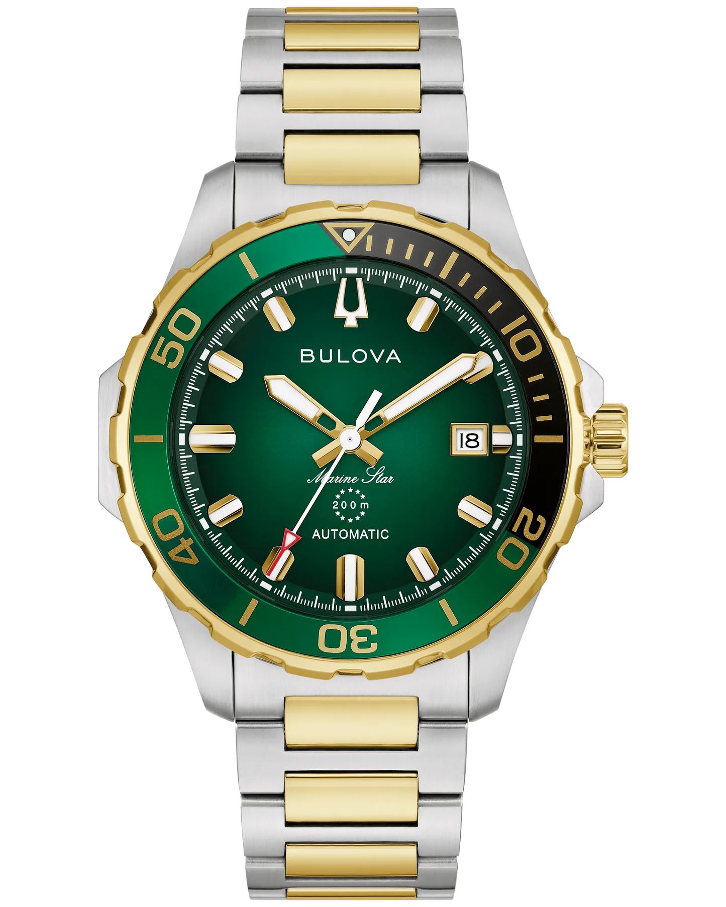 The Bulova Marine Star 98B467 men’s dive watch features automatic movement, a gold and silver band, green bezel and dial, gold markers and hands, date display, and “Automatic”/“200m” on the face.
