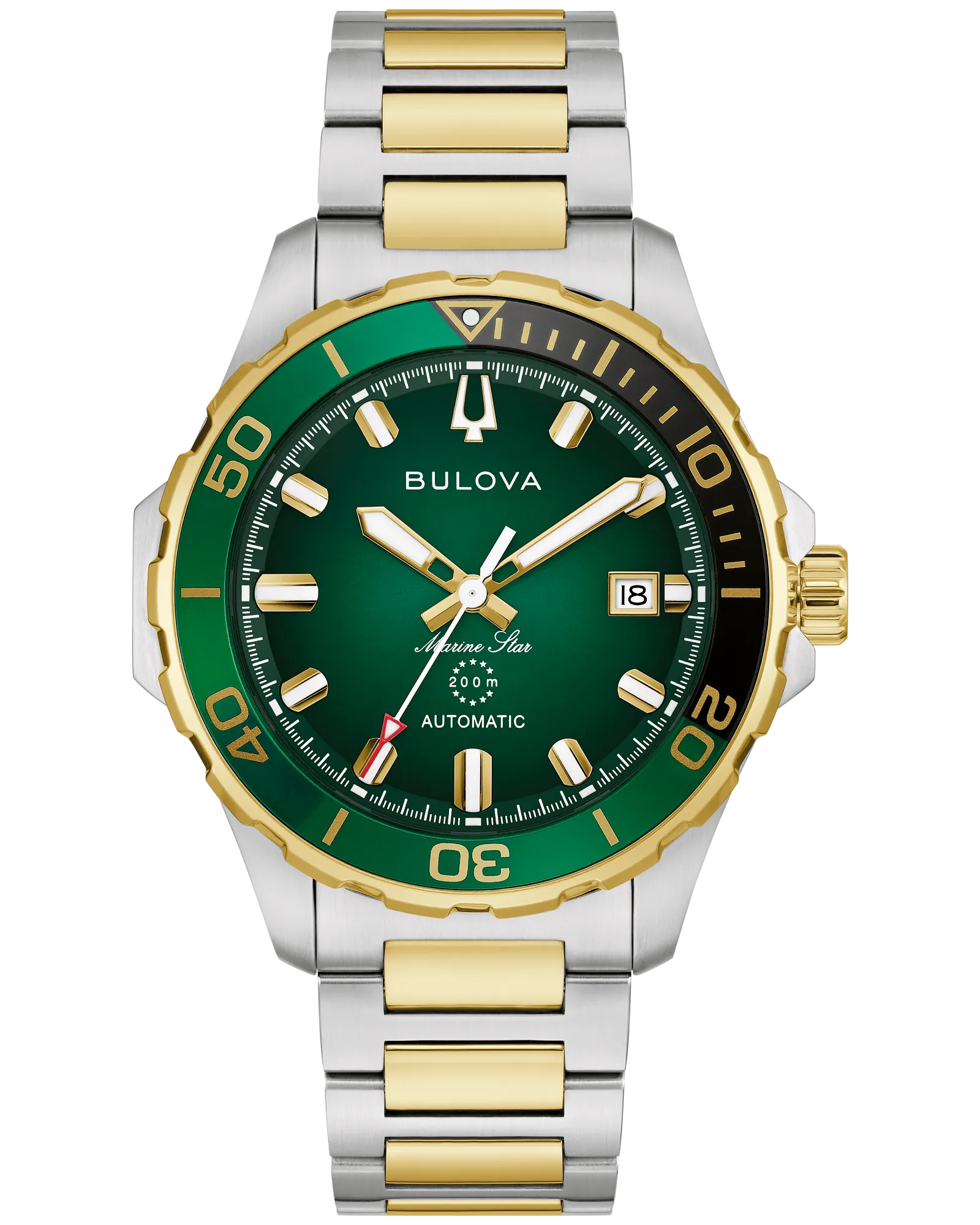 The Bulova Marine Star 98B467 men’s dive watch features automatic movement, a gold and silver band, green bezel and dial, gold markers and hands, date display, and “Automatic”/“200m” on the face.