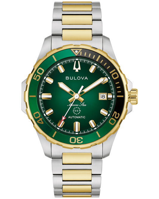 The Bulova Marine Star 98B467 men’s dive watch features automatic movement, a gold and silver band, green bezel and dial, gold markers and hands, date display, and “Automatic”/“200m” on the face.