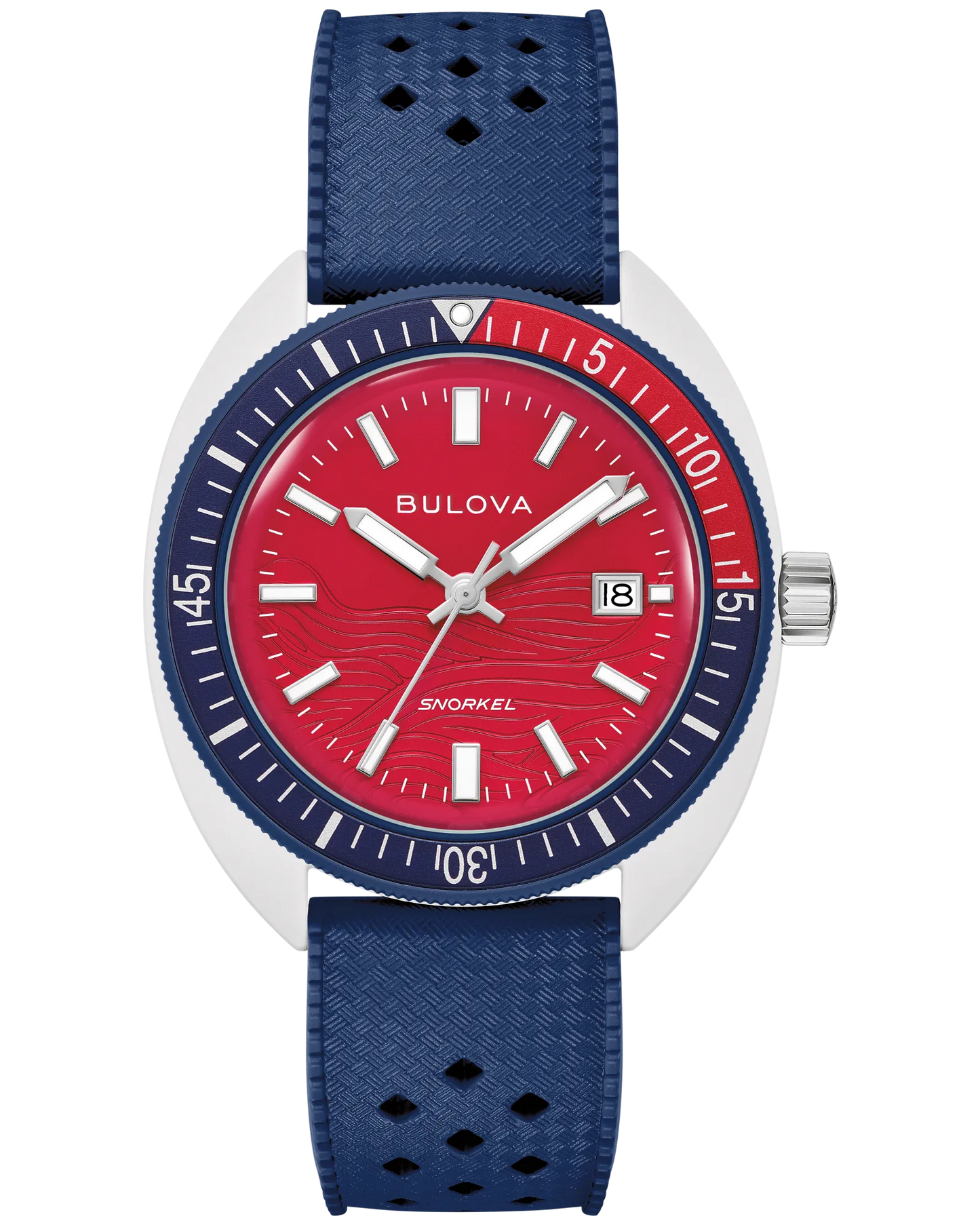 The Bulova Watch - Snorkel July 4th - 98B474 features a red dial, white hour markers, date window at 3 o’clock, blue bezel, and perforated blue textured strap.