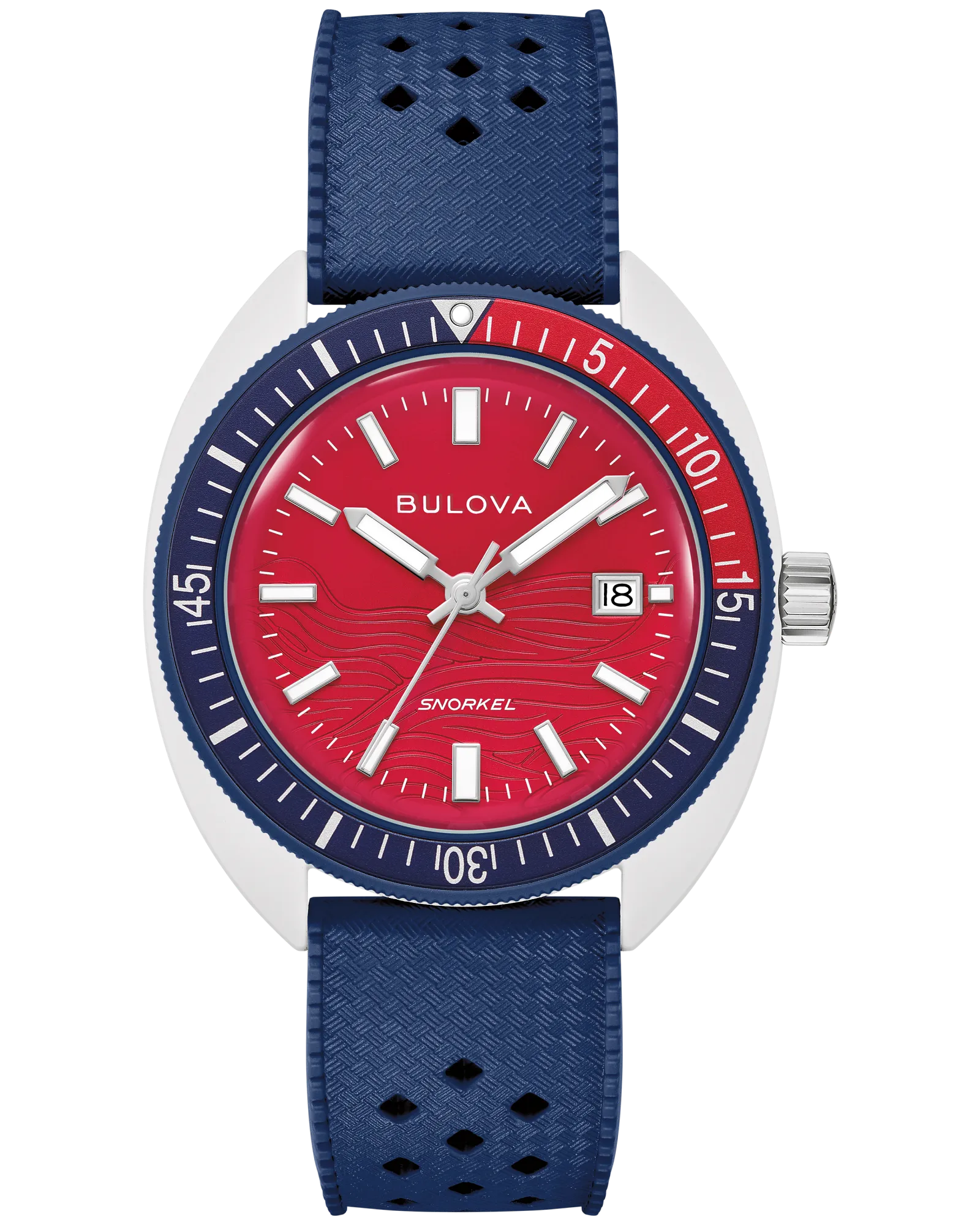 The Bulova Watch - Snorkel July 4th - 98B474 features a red dial, white hour markers, date window at 3 o’clock, blue bezel, and perforated blue textured strap.